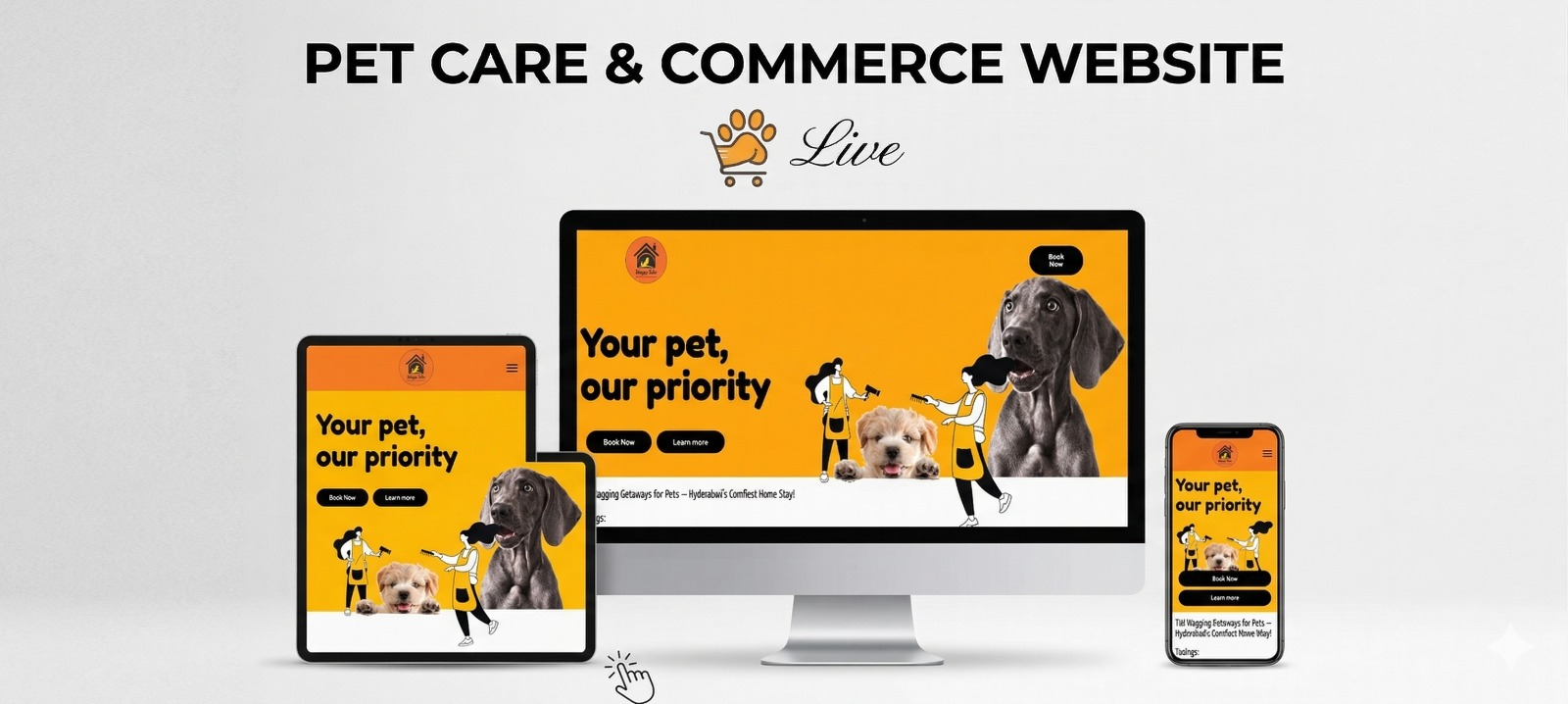 Happy Tails website mockup on desktop, tablet and mobile